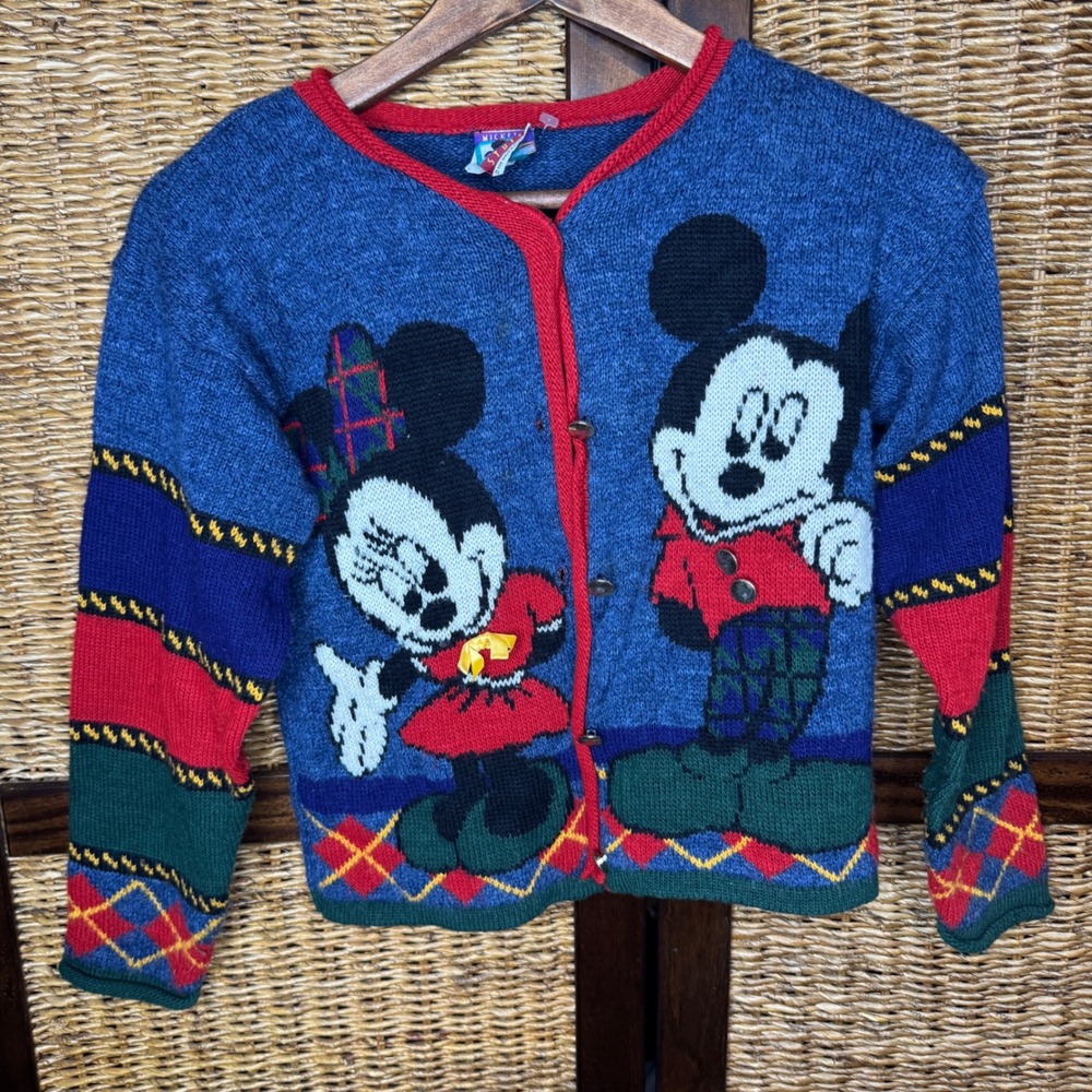 Vintage 90s Mickey Minnie Mouse Cardigan Sweater Blue S 7/8 Disney Classic